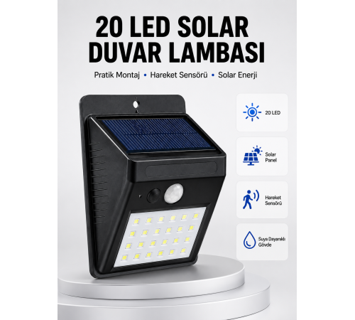 Su Geçirmez IP65 20 LED Solar Sensörlü Bahçe ve Veranda Aydınlatma Yeni Nesil