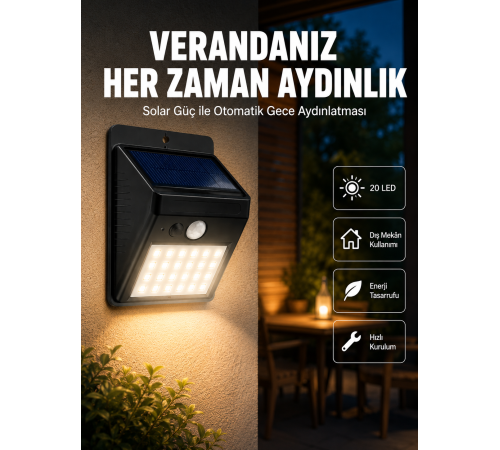 Bahçe ve Dış Mekanlar İçin Güneş Enerjili 20 LED Hareket Sensörlü Lamba Yeni Nesil