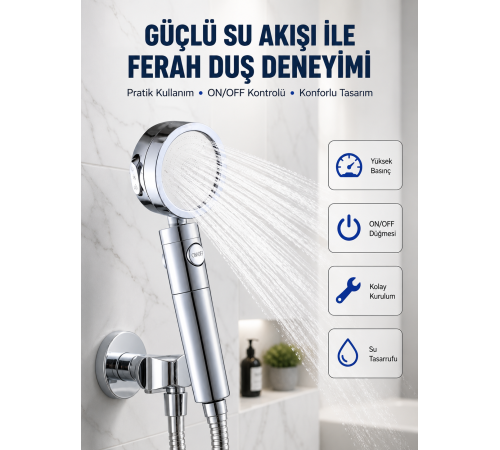 Şelale Sisi ve Masaj Özellikli Banyo Duş Başlığı