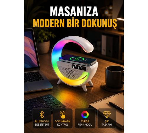 13 Renk Seçenekli Kablosuz Şarj Cihazlı LED Lamba