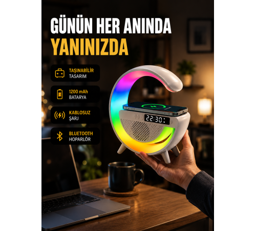 Kablosuz Şarjlı LED Masa Lambası Çalar Saat ve Beyaz Gürültü Özellikli