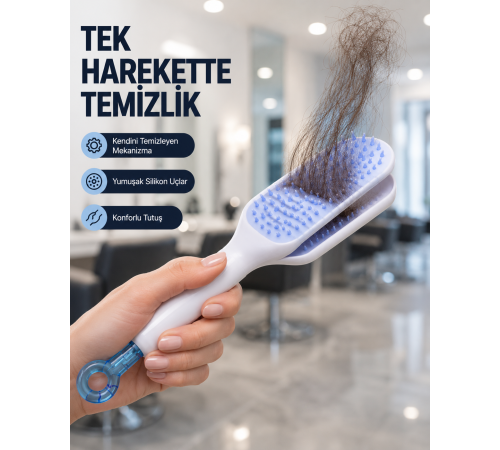 Kendi Kendini Temizleyen Saç Tarağı – Anti-Statik, Silikon Uçlu, ABS Malzeme, 22x4 cm