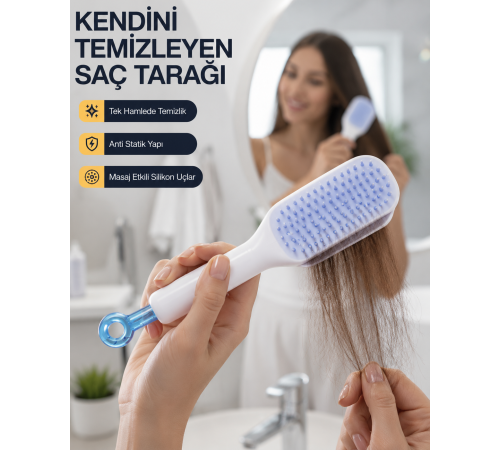 Kendini Temizleyen Ergonomik Saç Tarağı – ABS Gövde, Silikon Diş