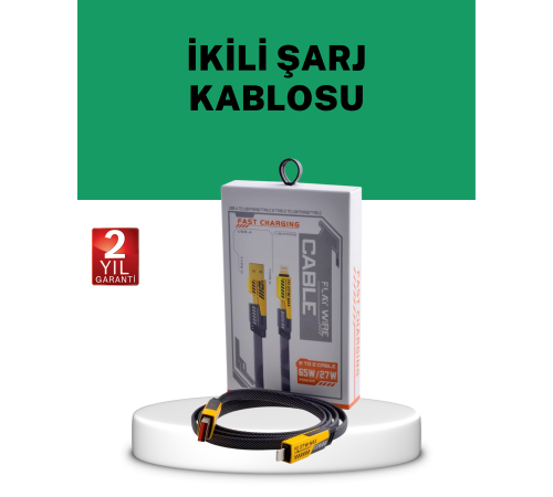 Yüksek Hızlı 65W Güç Çıkışlı Çoklu Cihaz Uyumlu Şarj Kablosu