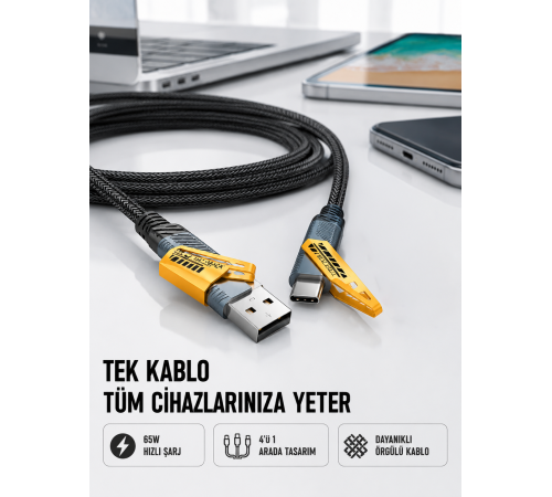 Örgülü Tasarım 4’ü 1 Arada USB-C Lightning Hızlı Şarj Kablosu