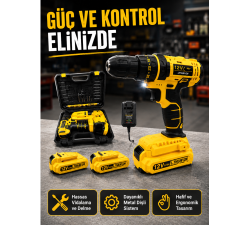 12V Akülü Matkap | 20-30 Nm Tork, Çift Hız Ayarı ve LED Işık