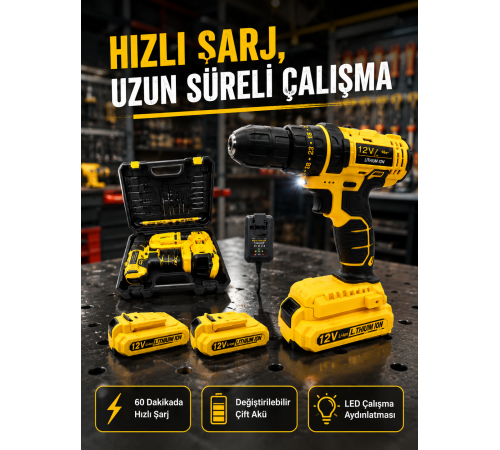 Ev ve Atölye İçin 12V Akülü Matkap | Plastik Mandren ve Metal Şanzıman
