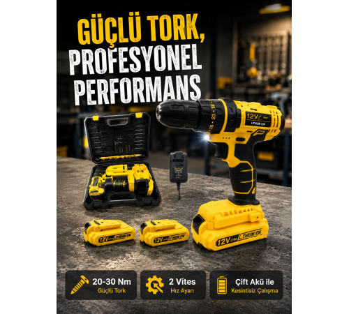 Ergonomik Tasarımlı 12V Matkap | 2 Vitesli, LED Aydınlatmalı ve Dayanıklı