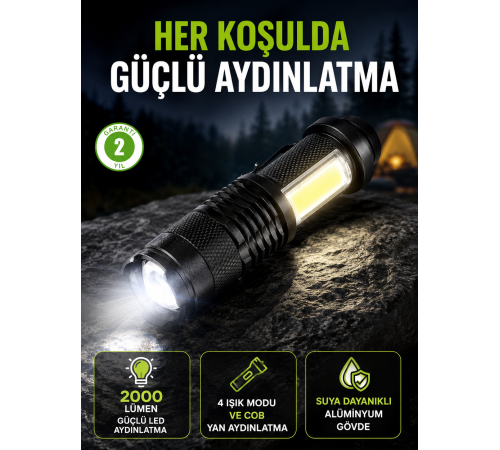 4 Modlu USB Şarjlı LED El Feneri Kamp ve Outdoor
