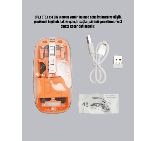 Sessiz ve Ergonomik Kablosuz Fare - 30 Gün Kullanım, 2 Modlu Bağlantı