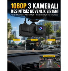 3 Kameralı Araç İçi DVR Kayıt Cihazı Ön İç Arka Kamera Full HD