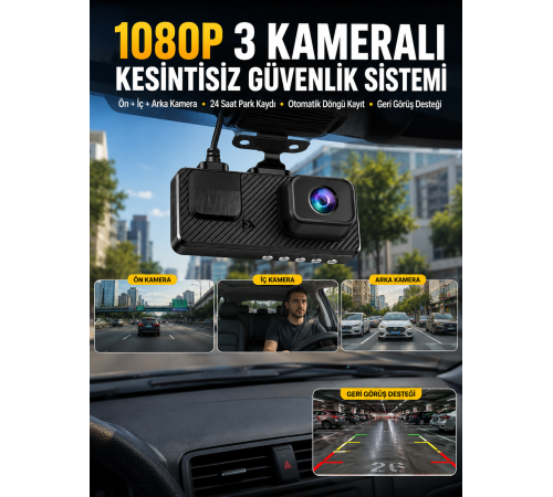 3 Kameralı Araç İçi DVR Kayıt Cihazı Ön İç Arka Kamera Full HD