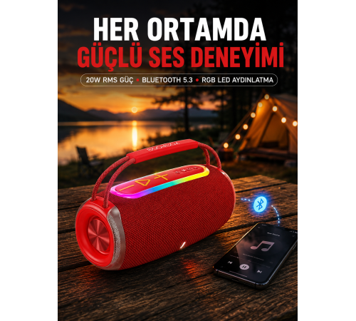 Suya Dayanıklı 20W RGB Hoparlör Bluetooth, USB, SD Kart ve AUX Girişli
