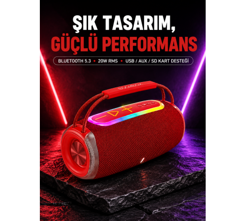 RGB LED Işıklı 20W Taşınabilir Bluetooth Hoparlör IPX6 Suya Dayanıklı
