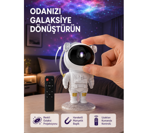 Astronot Şekilli Galaxy Projeksiyon Lambası Nebula Efektli Dekoratif Lamba