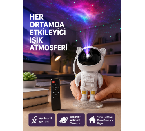 Astronot Yıldız Projeksiyon Lambası 8 Efektli Uzaktan Kumandalı Gece Işığı