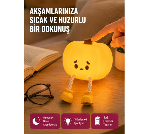 Pumpkin LED Gece Lambası Üç Kademeli Işık Ayarlı Yeni Nesil