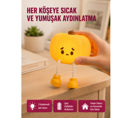 Pumpkin LED Night Light Dokunmatik Şarjlı Silikon Gece Lambası Yeni Nesil