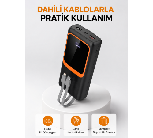 Powerbank 20000 mAh Dijital Ekranlı ve Çok Kablolu Hızlı Şarj Cihazı