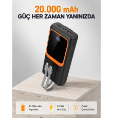 Powerbank 20000 mAh 22.5W Hızlı Şarjlı ve Kompakt Çoklu Kablo Çıkışlı