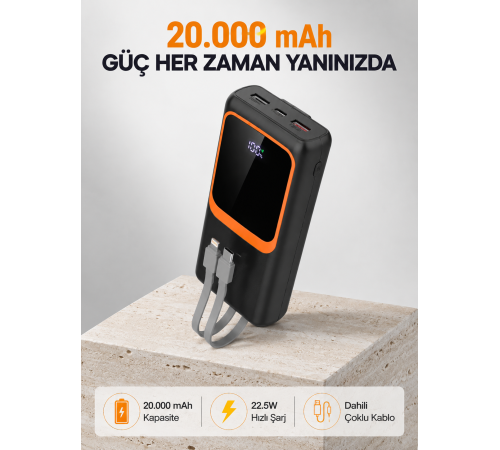 Powerbank 20000 mAh 22.5W Hızlı Şarjlı ve Kompakt Çoklu Kablo Çıkışlı