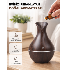 Aromaterapi Difüzör Ahşap Desenli ve Ultrasonik Nemlendirici LED Işıklı