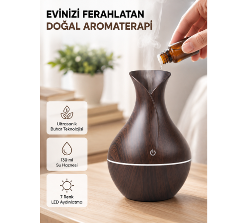 Aromaterapi Difüzör Ahşap Desenli ve Ultrasonik Nemlendirici LED Işıklı