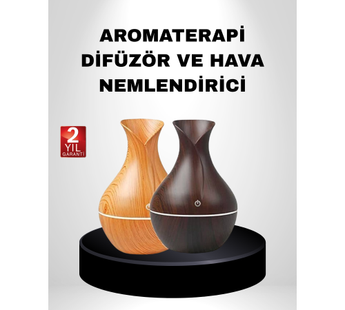 Aromaterapi Difüzör Ahşap Desenli ve Ultrasonik Nemlendirici LED Işıklı