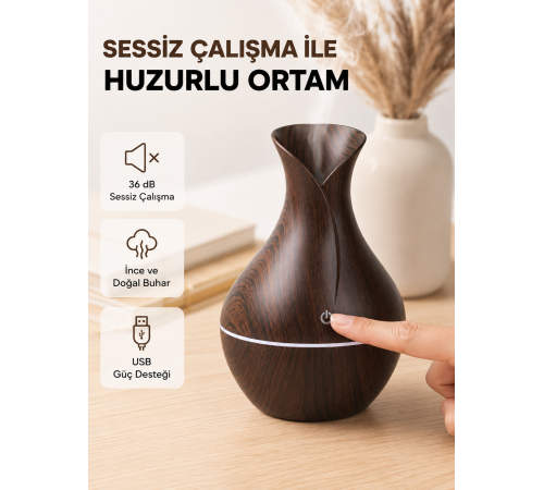 Ahşap Desenli Aromaterapi Difüzör 130 ml Ultrasonik ve 7 Renk LED Işıklı