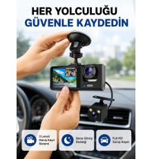 Üç Kameralı Araç İçi Kayıt Sistemi Full HD Gece Görüşlü ve G-Sensör Destekli