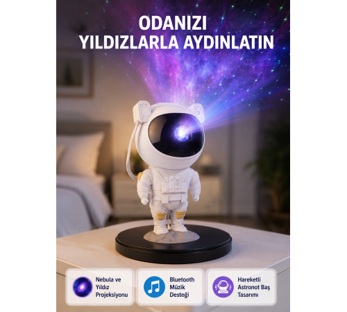Astronot Projeksiyon Lambası Bluetooth Müzikli ve Uzaktan Kumandalı