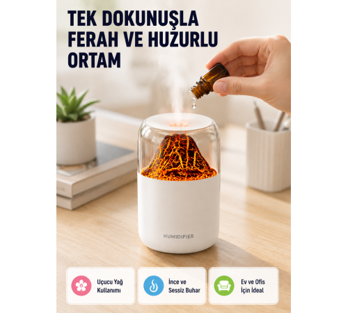 Ultrasonik Alev Efektli Aromaterapi Difüzörü USB Şarjlı ve Otomatik Kapanma Özellikli