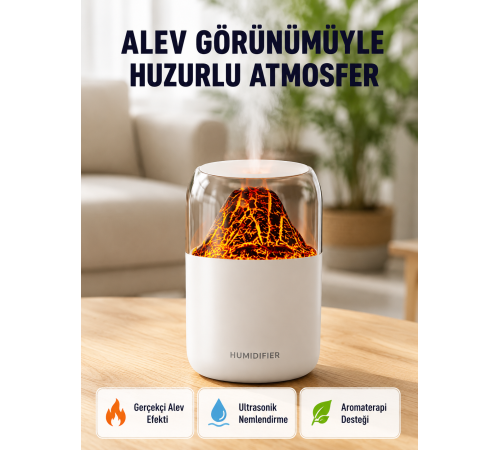 280ml Alev Işıklı Ultrasonik Hava Nemlendirici Sessiz ve USB Şarjlı