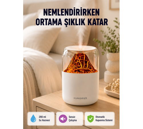 Alev Efektli Ultrasonik Uçucu Yağ Difüzörü 280ml Su Tanklı ve Sessiz Çalışma Özellikli