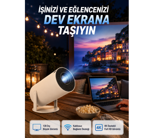 Full HD 4K Destekli Akıllı Projeksiyon – 130 inç Ekran, Uzun Ömürlü Ampul ve Çoklu Giriş