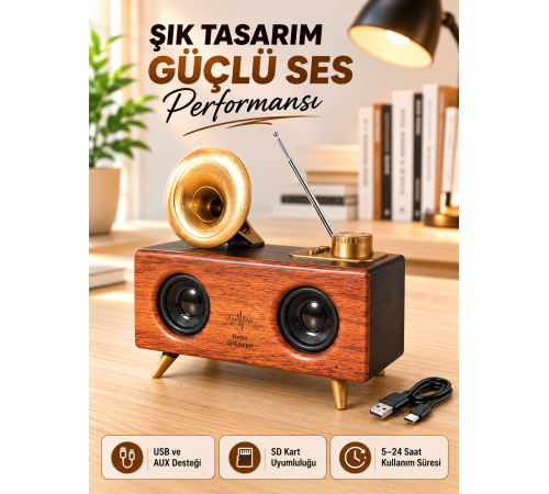 Retro Gramofon Tasarımlı Bluetooth Hoparlör – 3D Stereo Ses, 1800 mAh Batarya