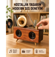 Nostaljik Gramofon Bluetooth Hoparlör – FM Radyo + USB + SD Kart Destekli