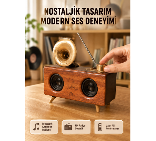 Nostaljik Gramofon Bluetooth Hoparlör – FM Radyo + USB + SD Kart Destekli