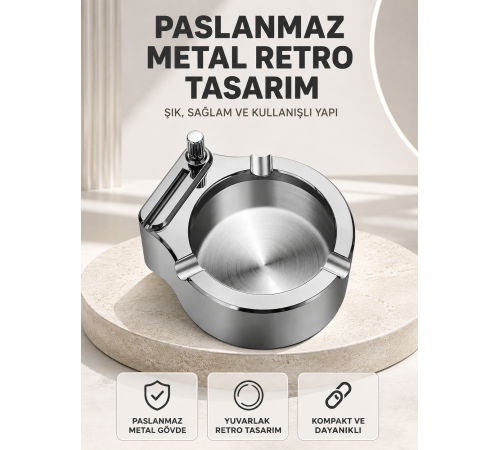 Çakmaklı Küllük Paslanmaz Metal Yuvarlak Tasarım