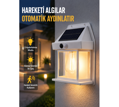 Üç Modlu Güneş Enerjili Duvar Lambası 1800mAh Bataryalı ve Hareket Sensörlü