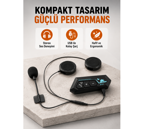 BT22 Kablosuz Kask Kulaklığı – Bluetooth 5.0, Intercom, Su Geçirmez ve Uzun Ömürlü Batarya Yeni Nesil