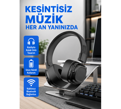 Bluetooth Kablosuz Kulak Üstü Kulaklık Katlanabilir Konforlu ve Şık Tasarımlı