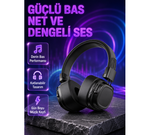 Kablosuz Kulak Üstü Bluetooth Kulaklık Güçlü Bas ve Katlanabilir Tasarım