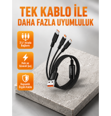 3’ü 1 Arada Şarj Kablosu Type-C iOS Android Uyumlu Hızlı ve Güvenli Şarj
