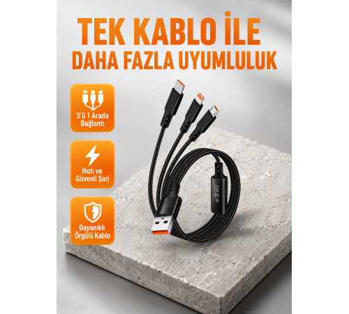 3’ü 1 Arada Şarj Kablosu Type-C iOS Android Uyumlu Hızlı ve Güvenli Şarj