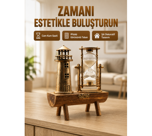 Deniz Feneri Tasarımlı Ahşap Kum Saati – Retro Masa Aksesuarı Yeni Nesil