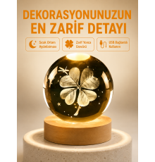 Dekoratif Yonca Görünümlü Işıklı Kristal Cam Küre USB Masa Gece Lambası