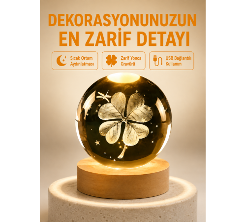 Dekoratif Yonca Görünümlü Işıklı Kristal Cam Küre USB Masa Gece Lambası