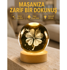Bitki Temalı LED Işıklı Cam Küre Ahşap Standlı Modern Gece Lambası