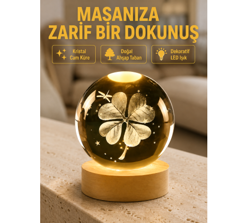 Bitki Temalı LED Işıklı Cam Küre Ahşap Standlı Modern Gece Lambası